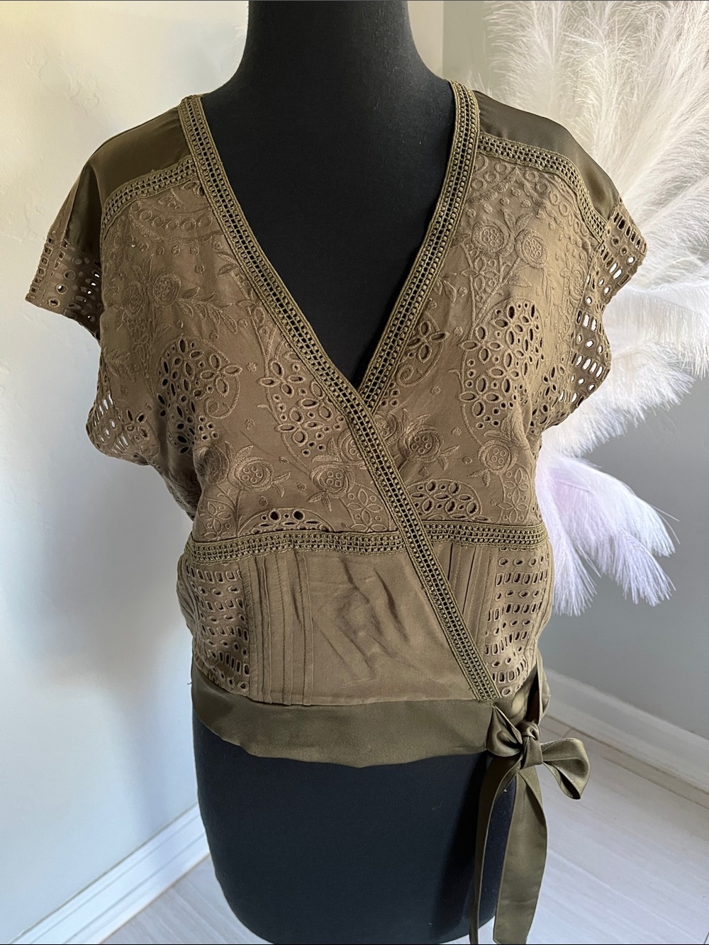 Olive Eyelet Wrap Blouse with Tie